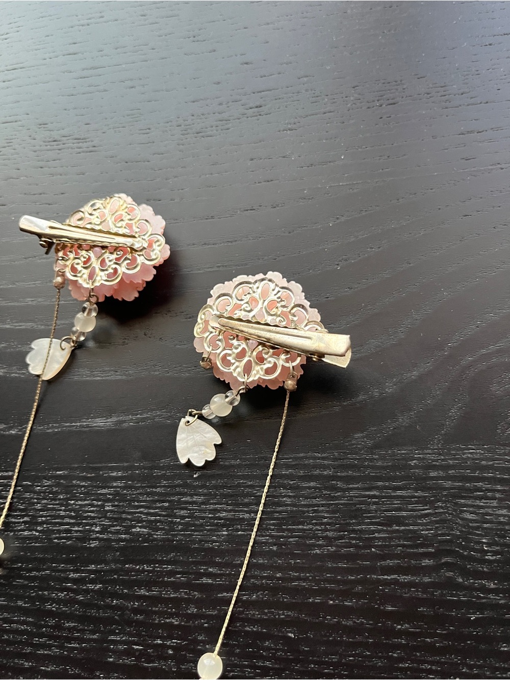 Pink Floral Tassel Hair Clips with Pearl and Teardrop Charms 2pc Set - Picture 6 of 15
